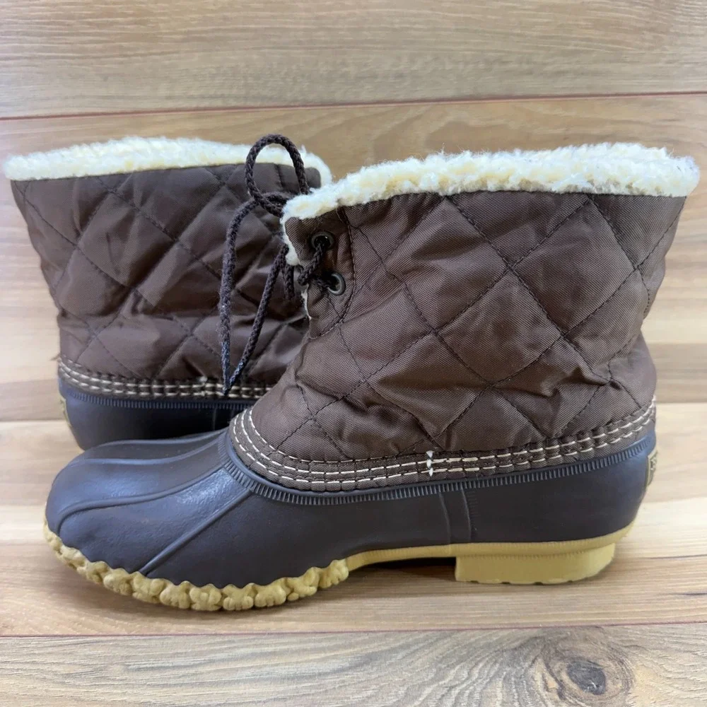 LL Bean Quilted Nylon Ankle Duck Boots Womens 9 M Brown Shearling Lined Fall
